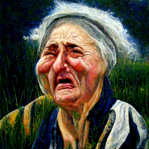 Ελαιογραφία με μια γιαγιά που κλαίει σε ένα λιβάδι