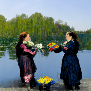 Δύο γυναίκες διαπληκτίζονται μπροστά από μια λίμνη κρατώντας λουλούδια στο στυλ του Monet